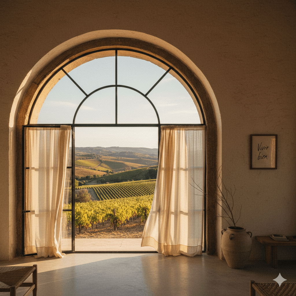 Heller Raum mit Blick auf Weinberge – Vivir bien, Leben in Balance